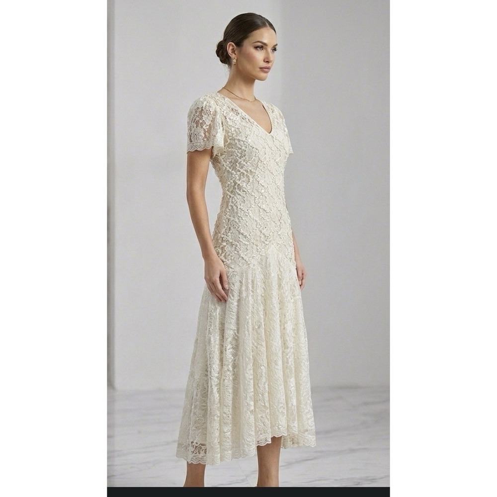 Vintage Lace Dress Size 12 Cream Ribbon Sequin Victorian‎ Romantic Delicate